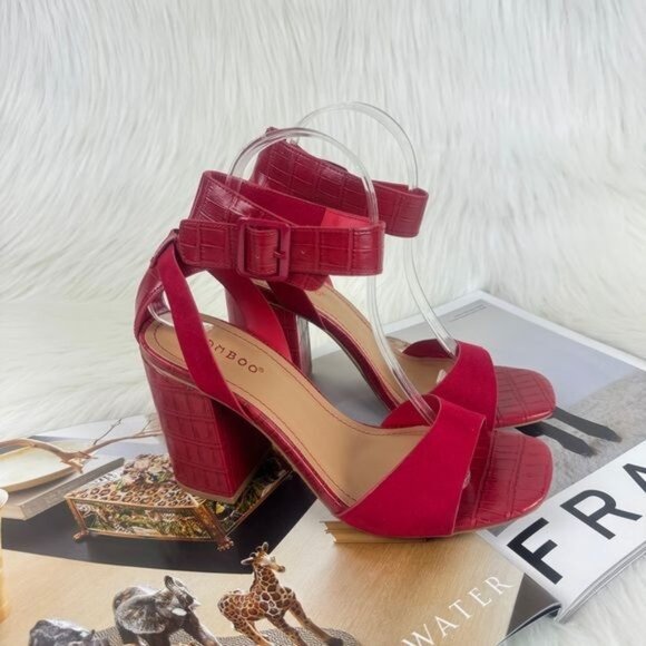 Bamboo Red Milestone Croc Accent Ankle Strap Chunky Block Heel Sandals - Picture 3 of 10